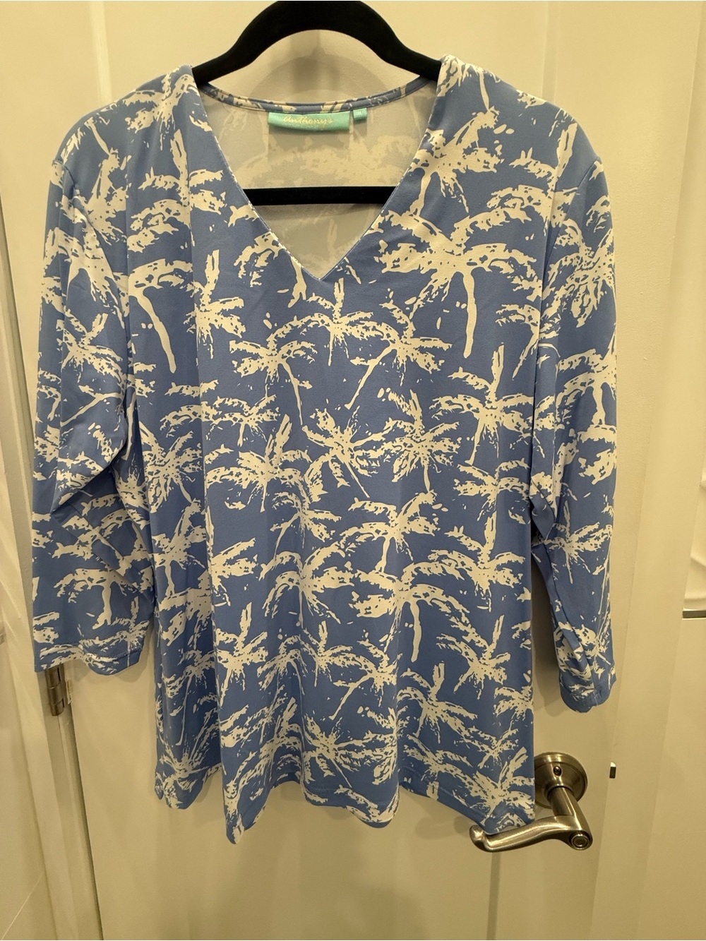 Women’s V-Neck Palm-Print Tunic in Light Blue by Anthonys